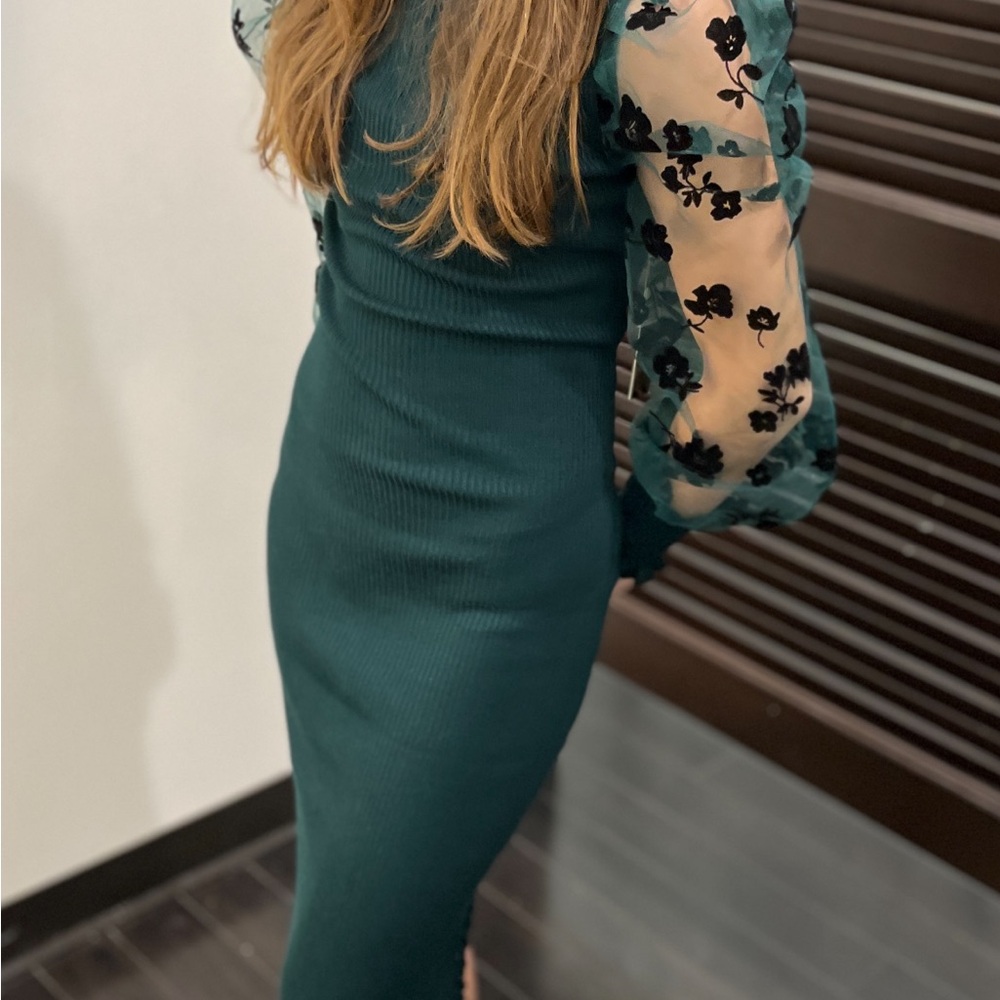 Elegant Teal Dress with Sheer Floral Sleeves S